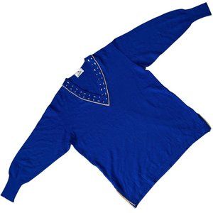 bode (Sweden) Rib Knit Wool Blend Rhinestone V-Neck Cuff Sleeve Pullover Blue